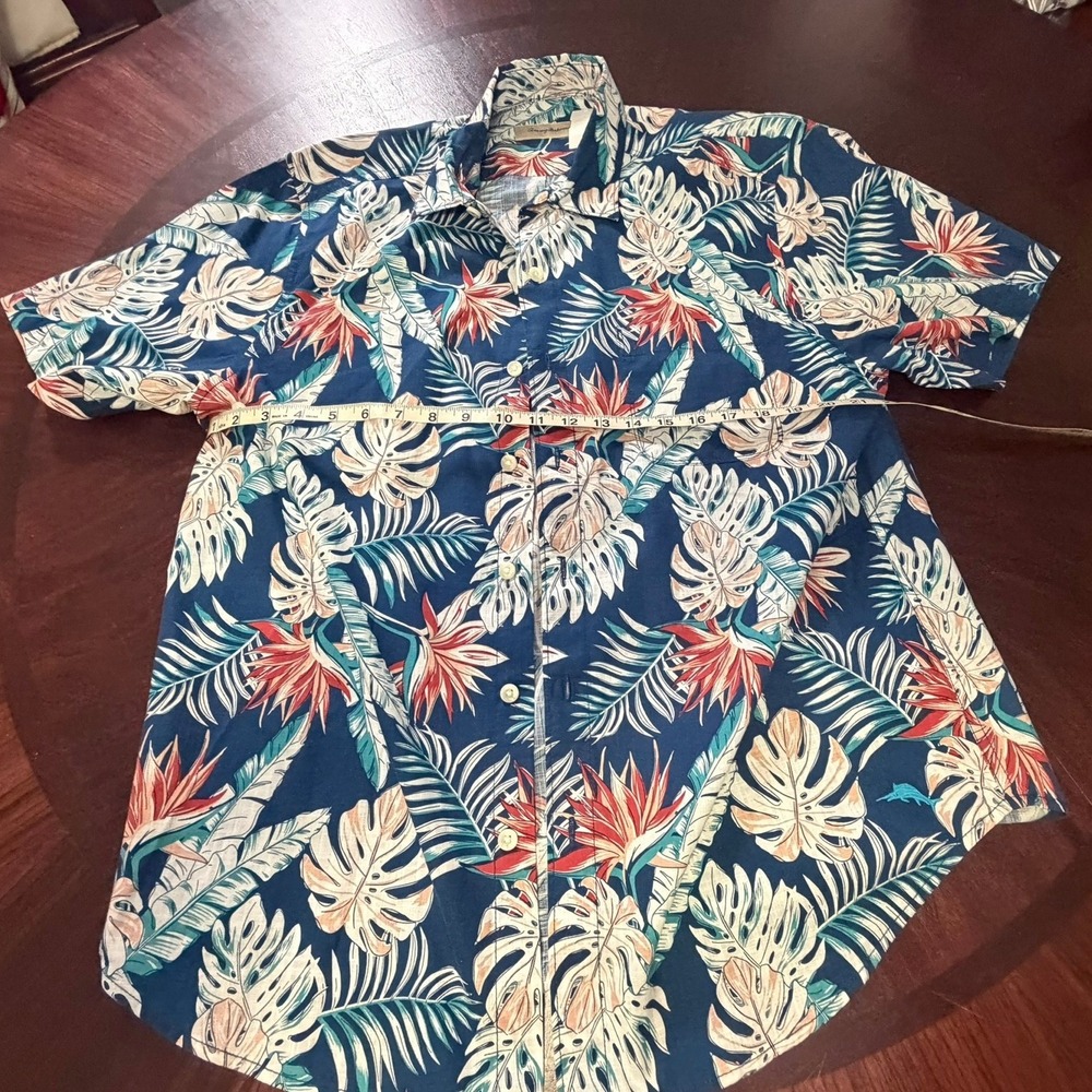 Tommy Bahama Mens Large Tropical Floral Monstera Linen Blend Camp Shirt Blue